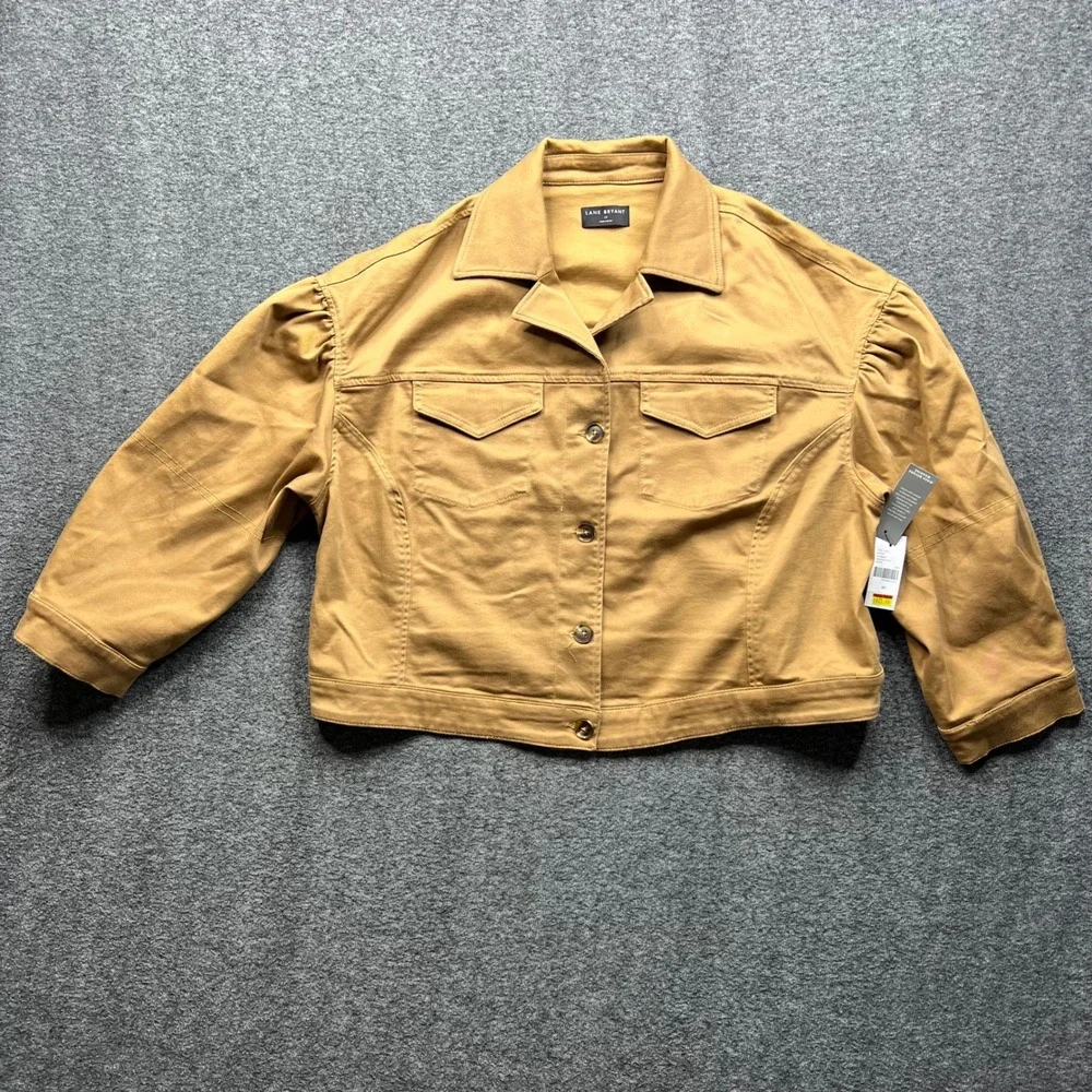 Lane Bryant Jacket Women 18 Tan Cropped Puff Shoulder Cotton Blend m91565